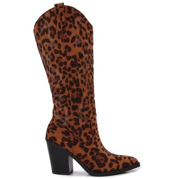 Berness Arizona Leopard Print Western Embroidered Low Heeled Cowboy Boots - Picture 5 of 8